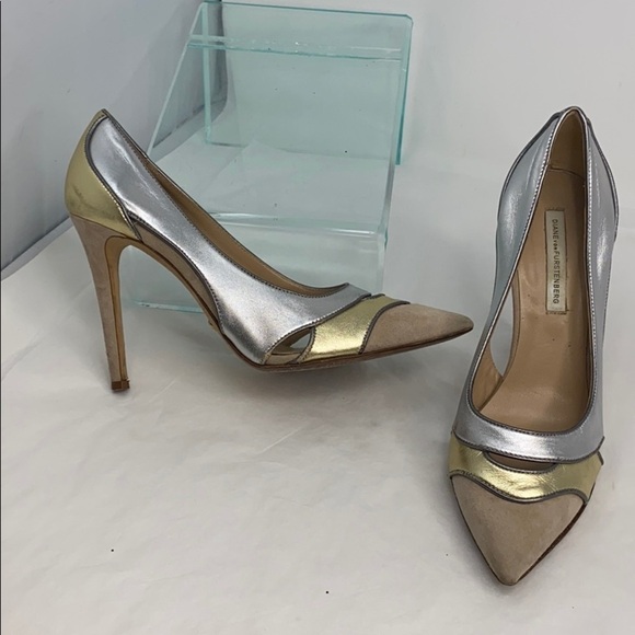 DVF Sz 8 Diane von Furstenberg Gold Silver Leather Pumps - Picture 1 of 10
